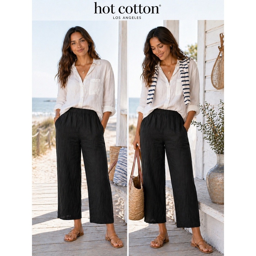 Hot Cotton Womens Wide Leg Black 100% Linen Cropped Pants Size M Coastal Preppy